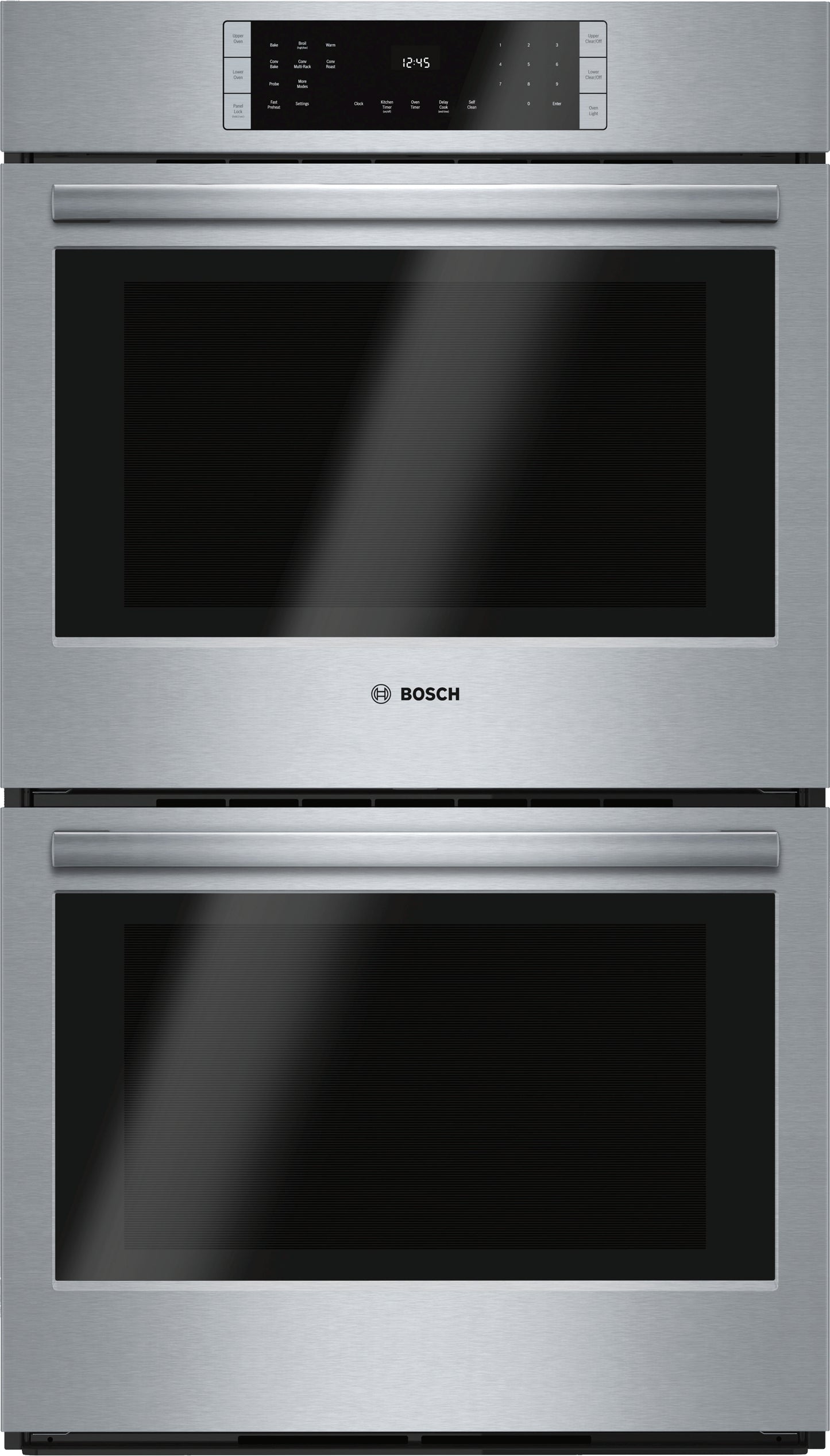 Stainless steel Bosch double wall oven with digital touch control panel from Wall Ovens and Appliances collections