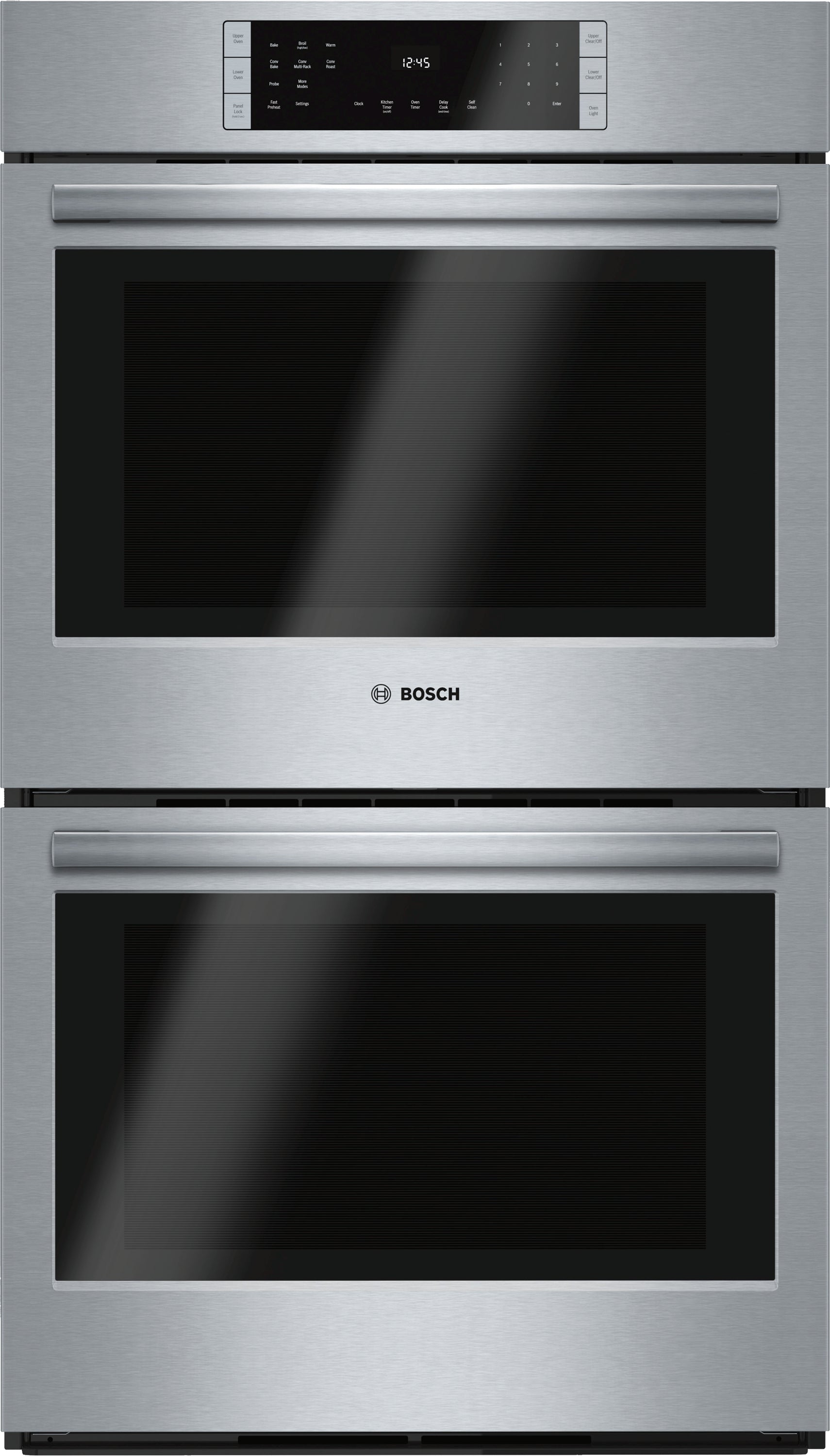 Stainless steel Bosch double wall oven with digital touch control panel from Wall Ovens and Appliances collections