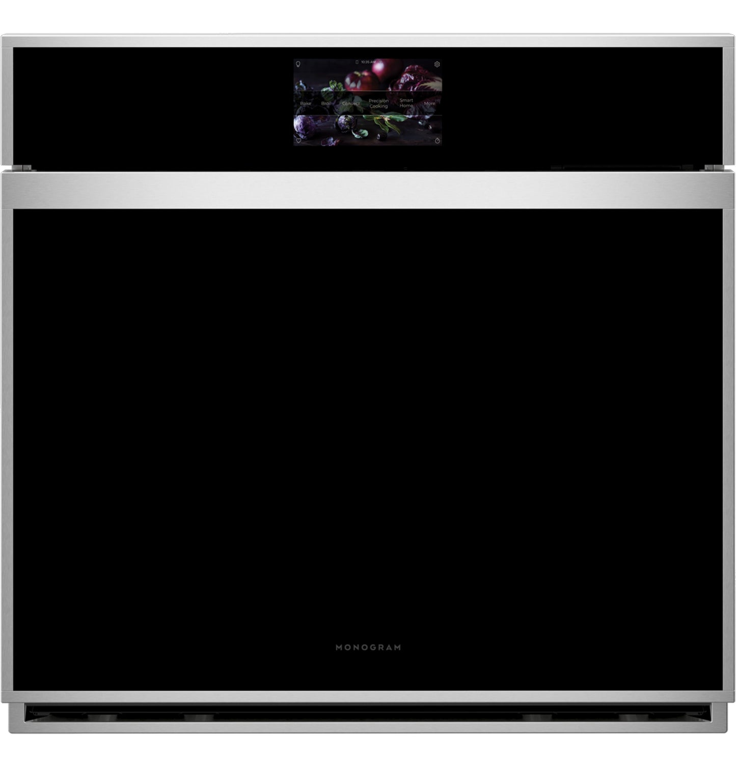 Modern minimalist single wall oven in stainless steel and black with digital touchscreen, part of kitchen appliances collection