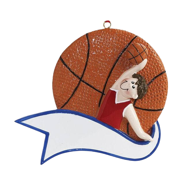 Boy figurine dunking basketball with personalized white banner Christmas ornament in holiday decorations under $50