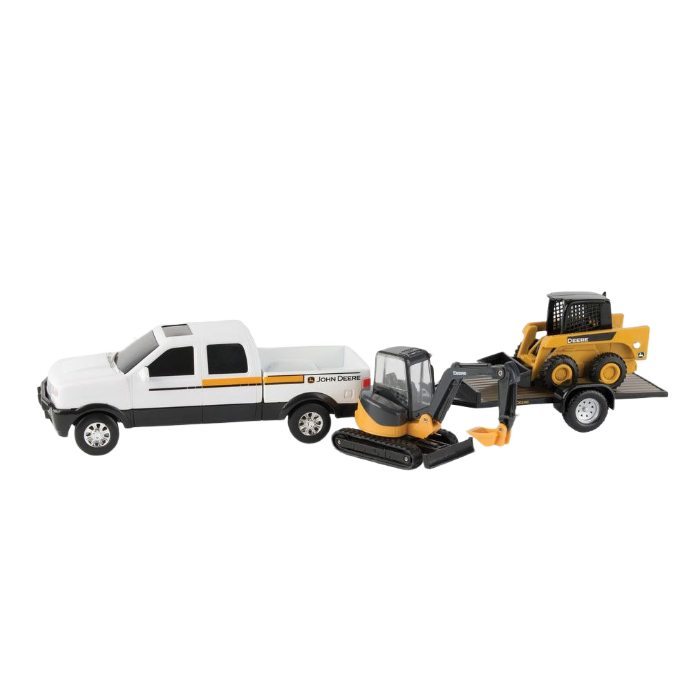 White toy pickup truck towing yellow and gray construction equipment including excavator and skid steer loader models