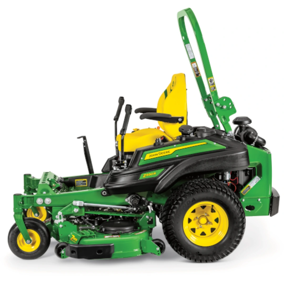 Green and yellow zero-turn mower with 54-inch mulch deck and rugged Tweel tires for efficient lawn care tasks