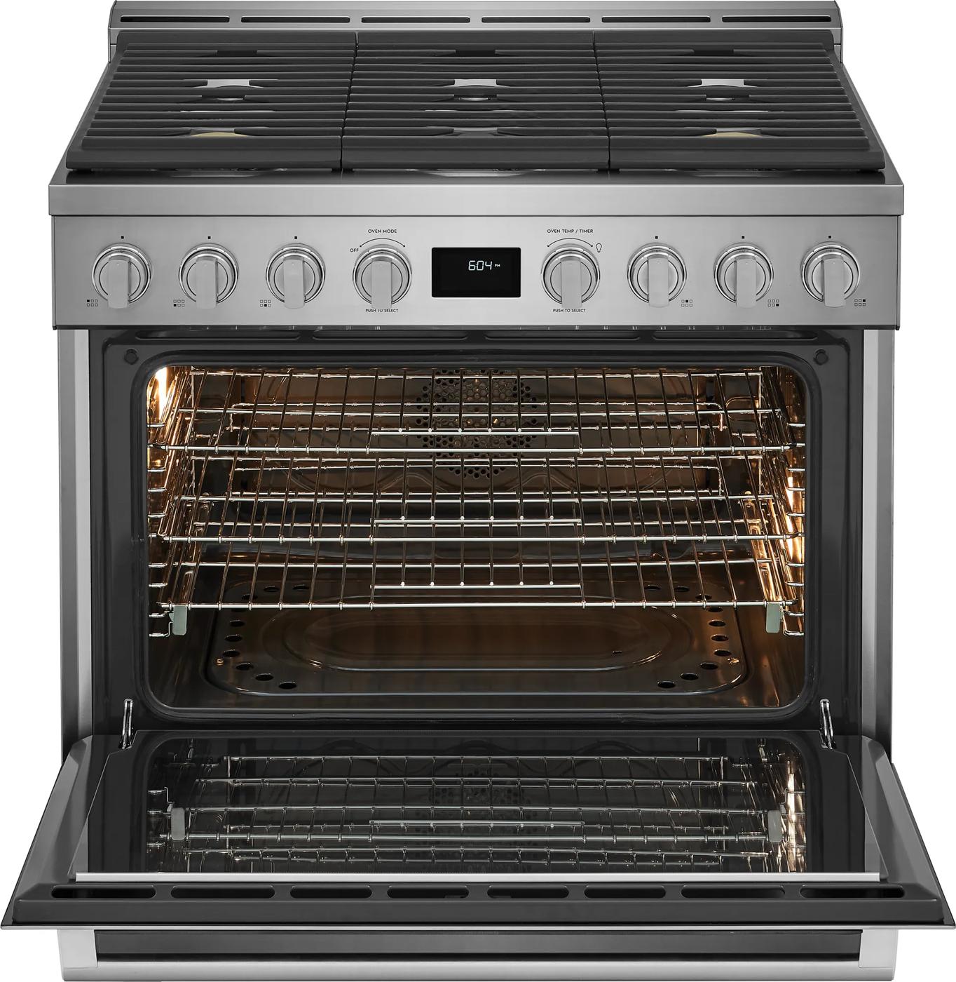 36-inch stainless steel front control freestanding gas range with open oven and multiple racks for kitchen appliances
