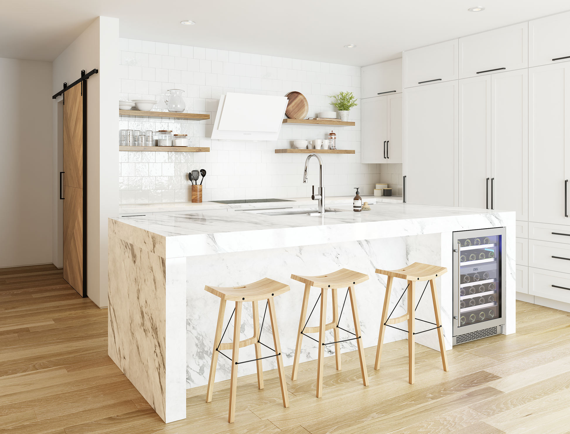 White wall mount range hood with sleek design above white marble kitchen island and wooden bar stools in modern kitchen
