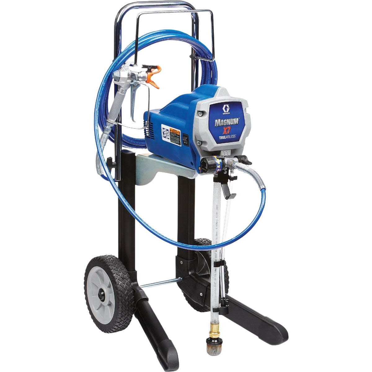 Blue airless paint sprayer with hose and spray gun on wheeled stand for home improvement tool collection