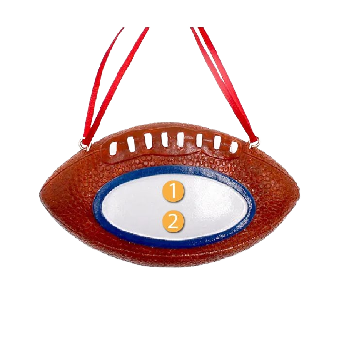 Personalized football-shaped ornament with faux leather texture and red hanging ribbons for holiday decoration