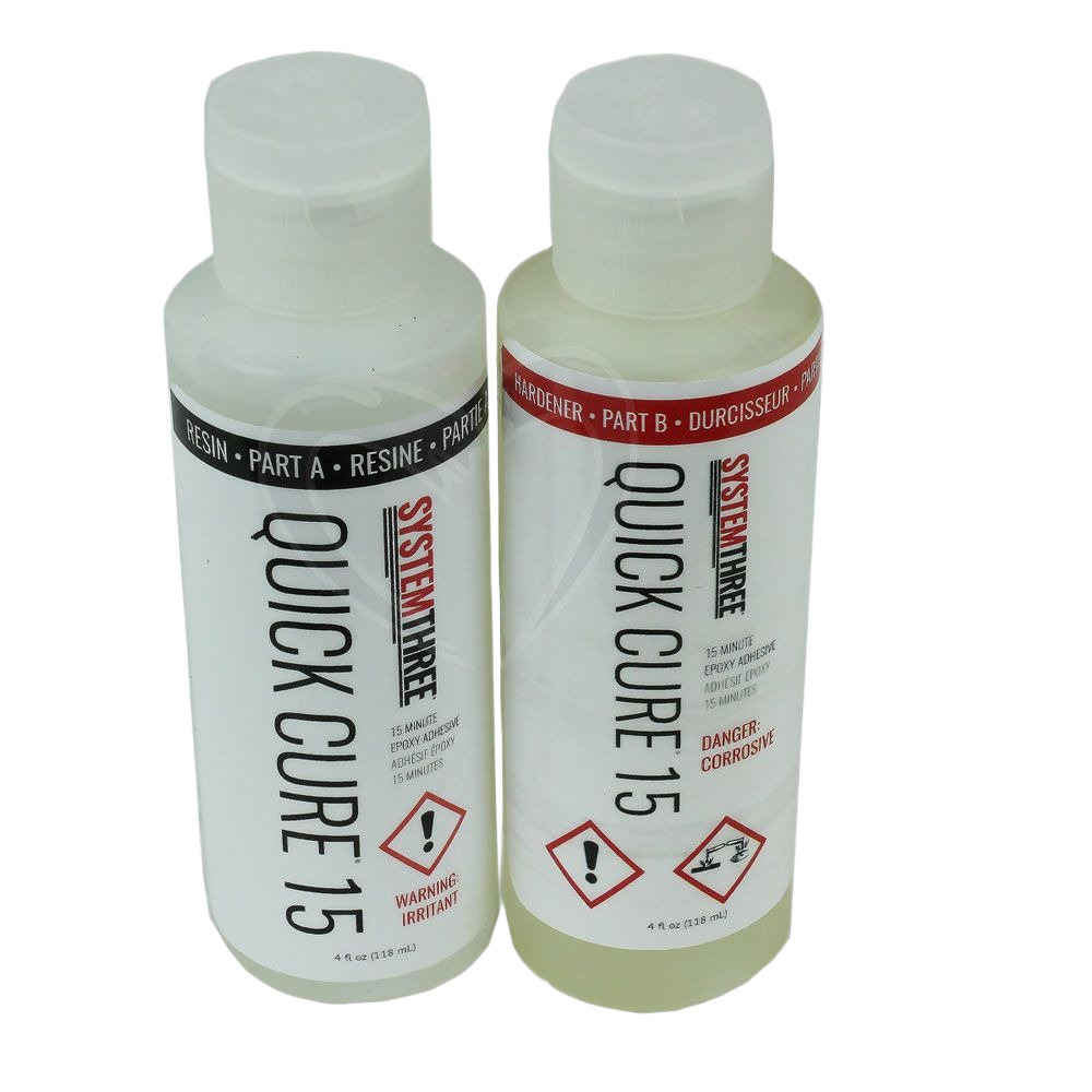 Two clear plastic bottles labeled Quick Cure 15 epoxy resin and hardener with warning symbols for home repair use