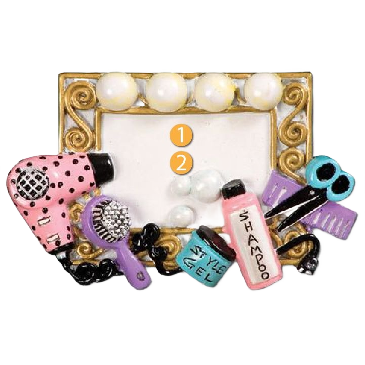 Festive stylist-themed ornament with hair dryer, brush, scissors, shampoo, and gel, Christmas decoration under $50
