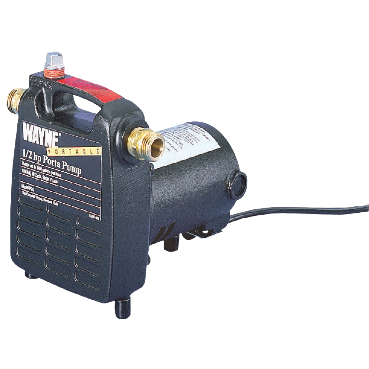 Compact black electric portable pump with brass fittings and integrated handle for tools and home improvement use