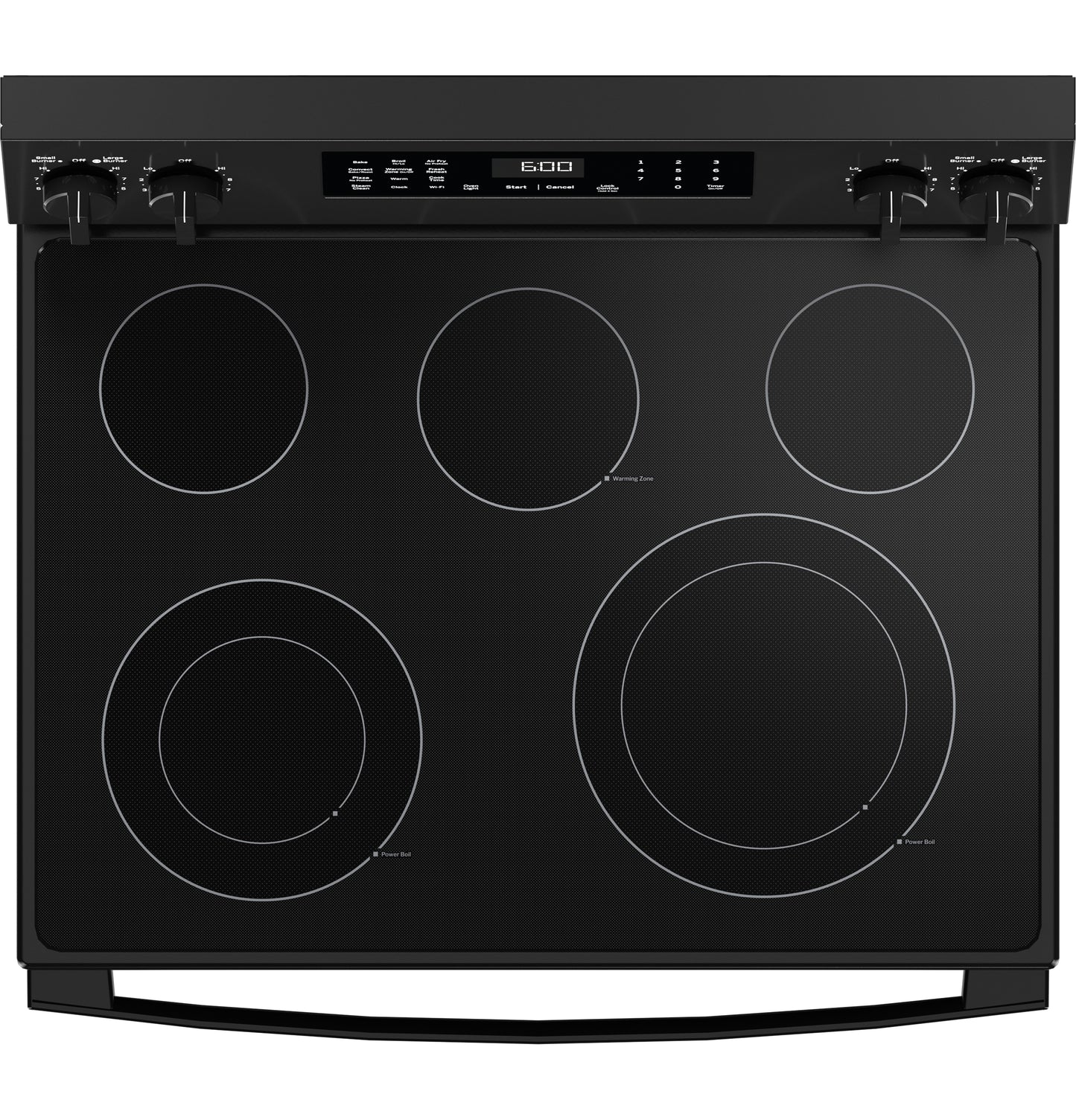 Black free-standing electric range cooktop with five radiant heating elements and digital control panel for kitchen appliances collection