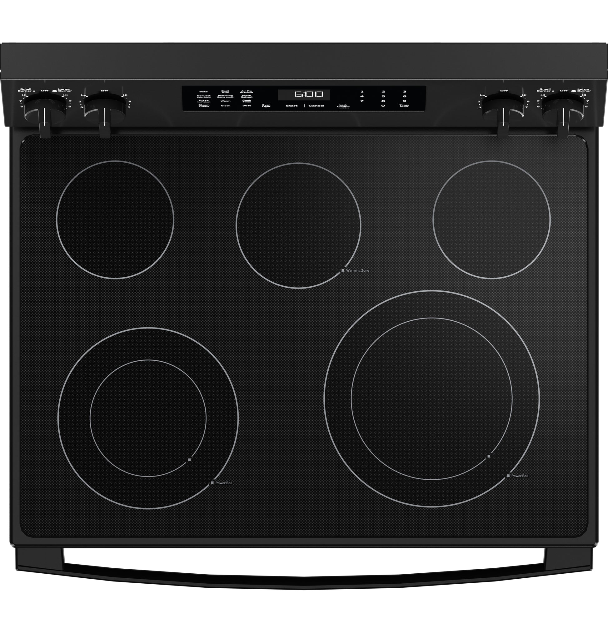 Black free-standing electric range cooktop with five radiant heating elements and digital control panel for kitchen appliances collection