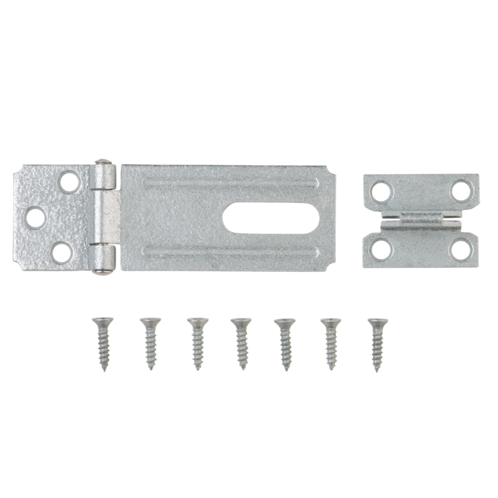 Galvanized steel non-swivel safety hasp with six screws for securing doors and gates in home improvement projects