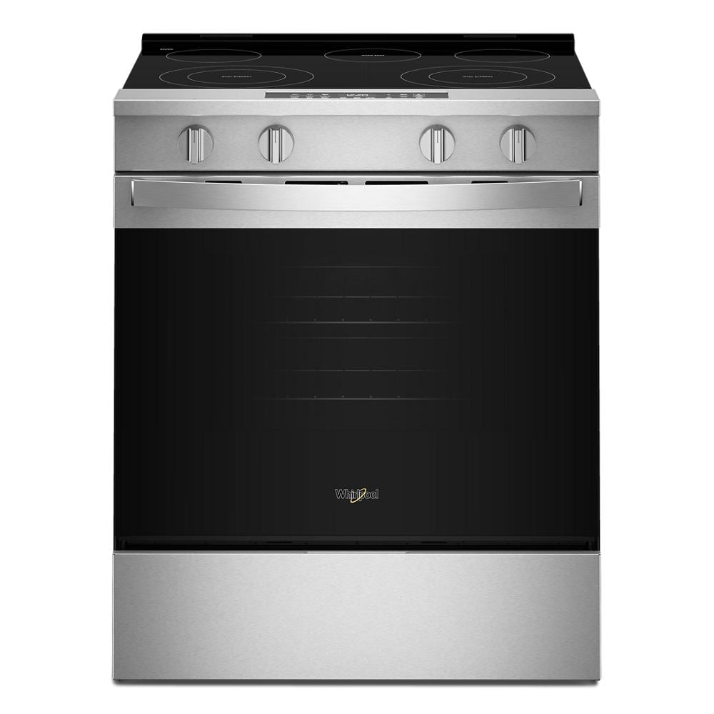 Front view of a stainless steel 30-inch electric smart range featuring four control knobs and a smooth glass cooktop, ideal for kitchen and appliance collections including electric ranges and home improvement.