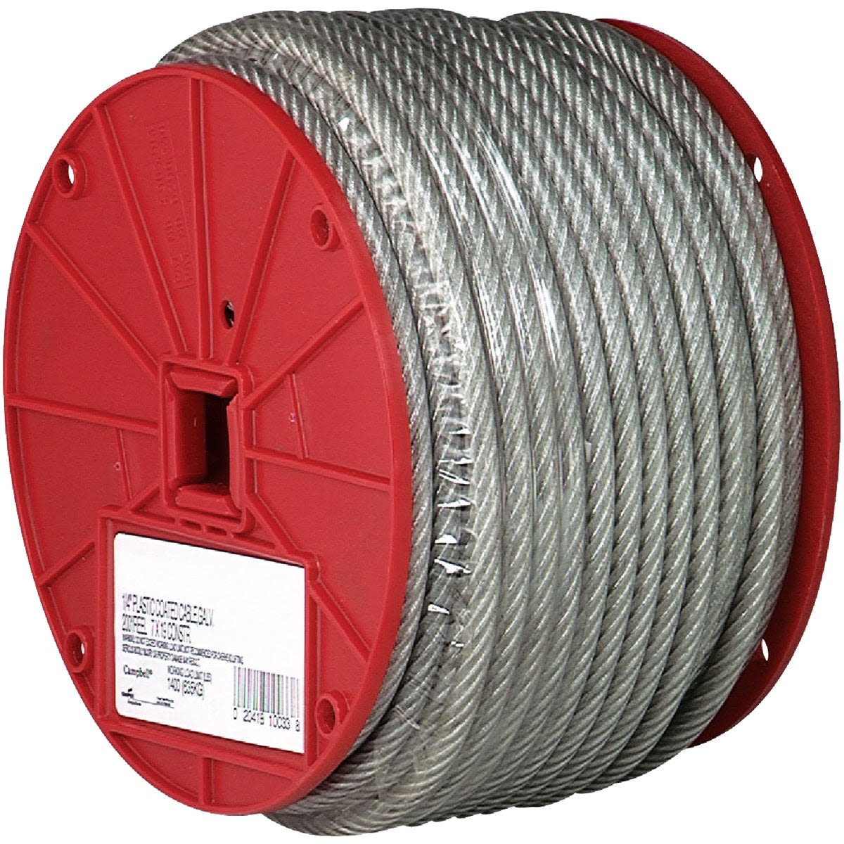 Spool of galvanized steel cable coated with protective vinyl in the Hardware collection for durable home improvement projects