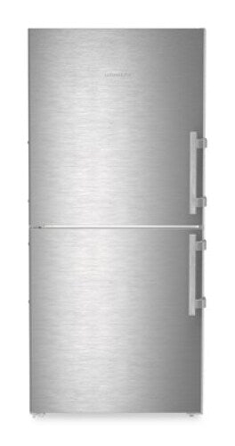 Freestanding 30-inch stainless steel refrigerator freezer with dual doors and modern handles in kitchen appliances collection