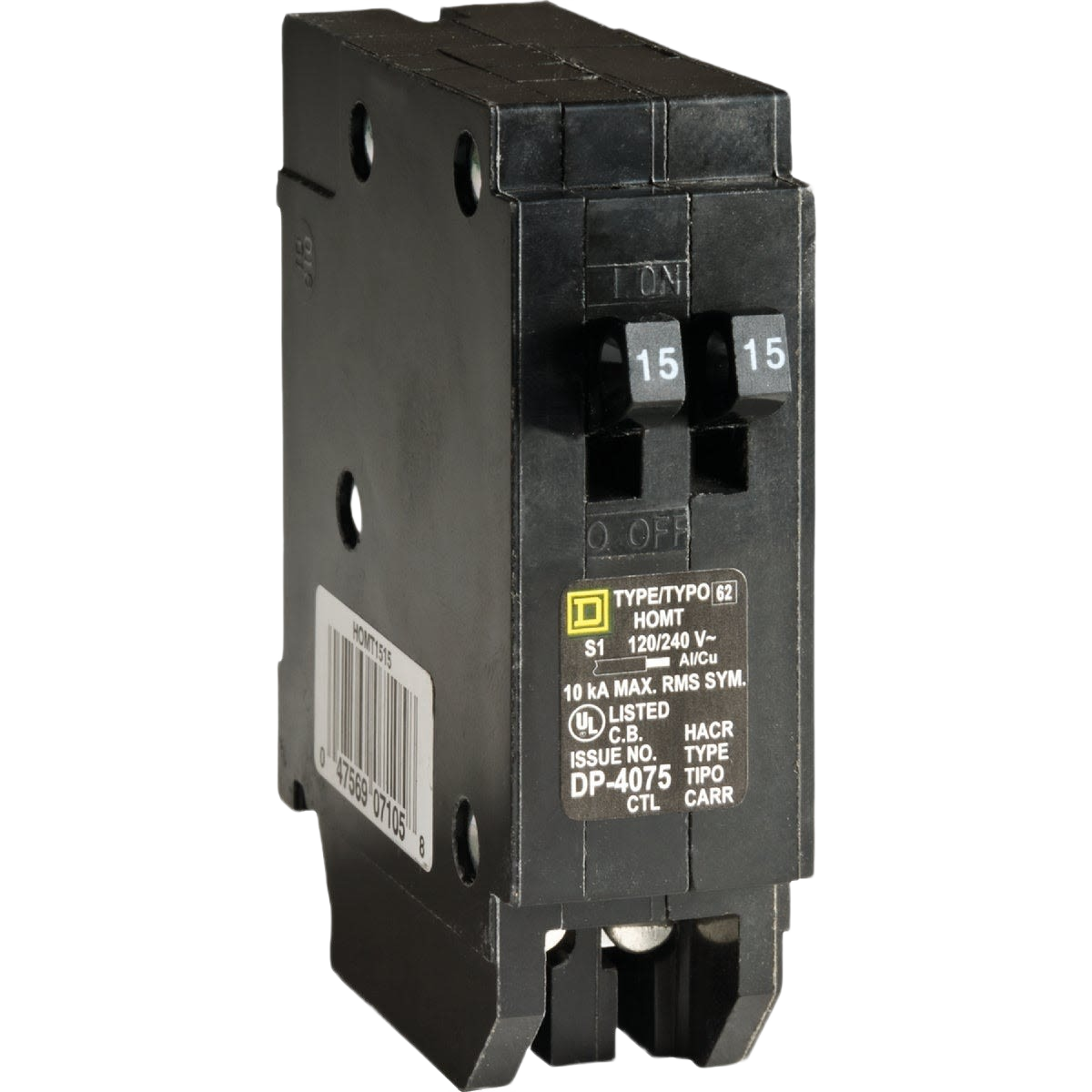 Black twin single-pole tandem circuit breaker with dual 15-amp switches for residential electrical panels and home improvement tasks