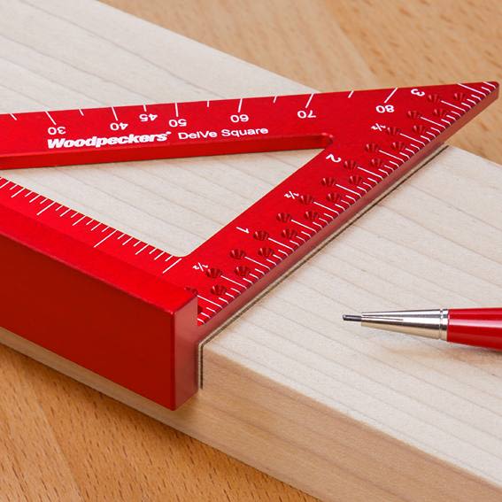 Red Woodpeckers DelVe Square with precise markings for woodworking and home improvement measuring tasks