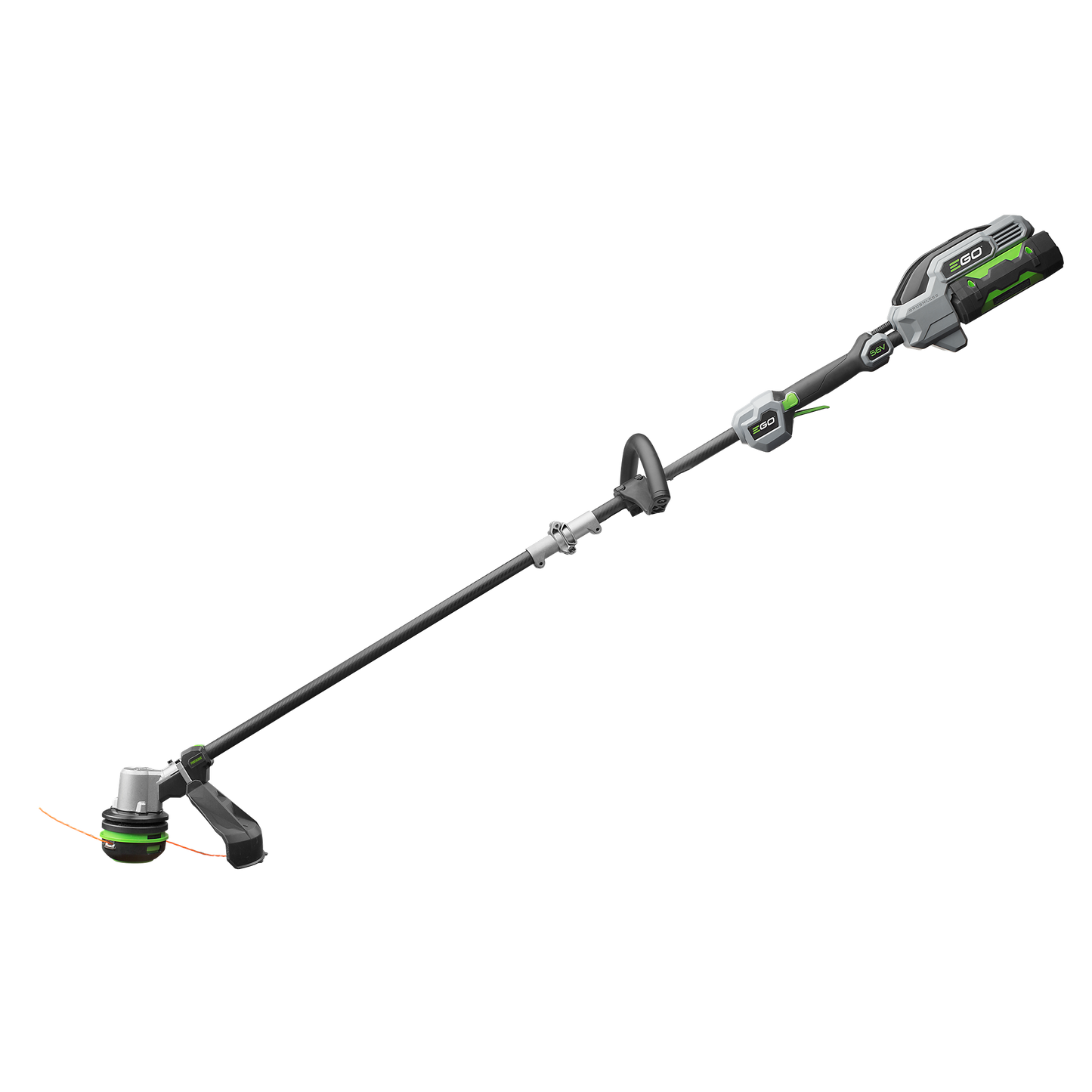 Green and black cordless string trimmer with carbon fiber split shaft and Powerload™ system for efficient lawn maintenance tasks