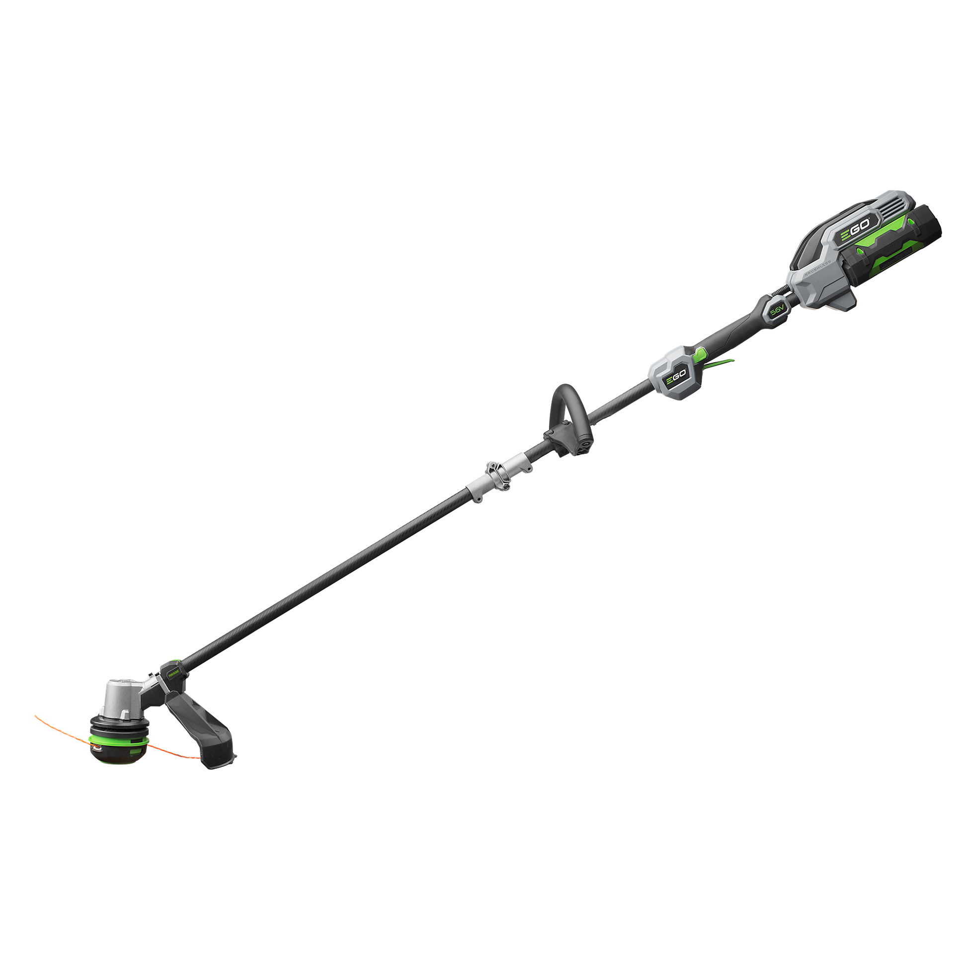 Green and black cordless string trimmer with carbon fiber split shaft and Powerload™ system for efficient lawn maintenance tasks