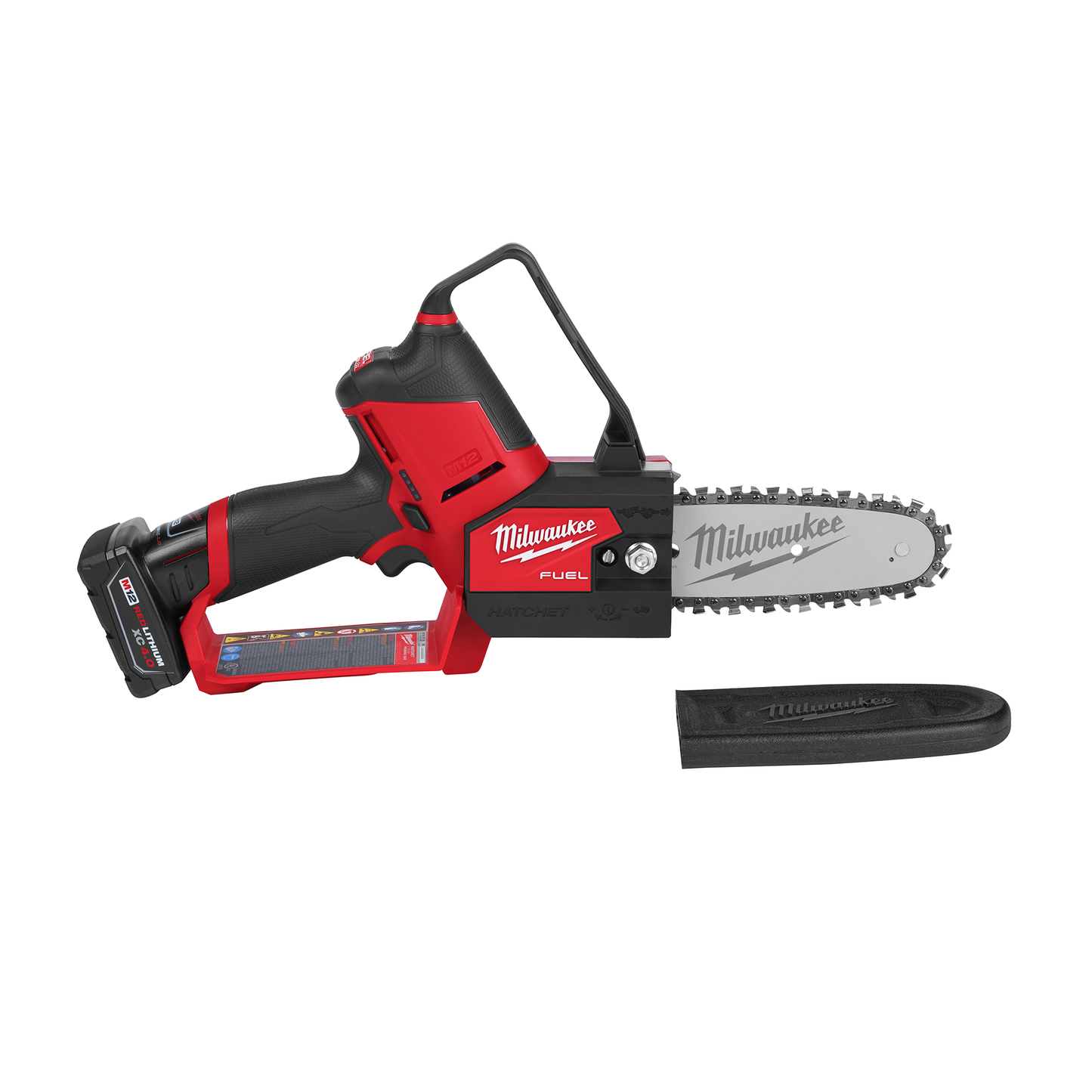 Cordless pruning saw with red and black body, ergonomic grip, and 6-inch chain blade for tools and home improvement use