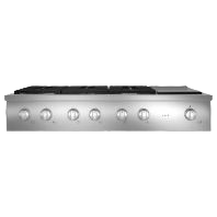 Commercial-style stainless steel gas rangetop with six burners and integrated griddle from Cooktops collection