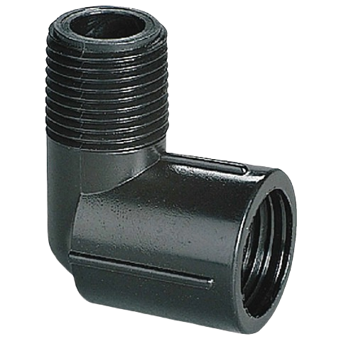 Black polyethylene elbow fitting with threaded male and female ends for plumbing and irrigation under $50