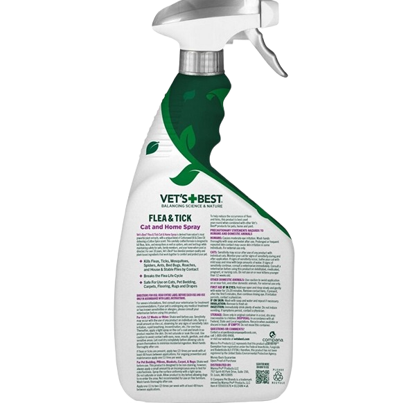 White spray bottle of Vet's Best Flea and Tick cat and home spray with green leaf design and label text