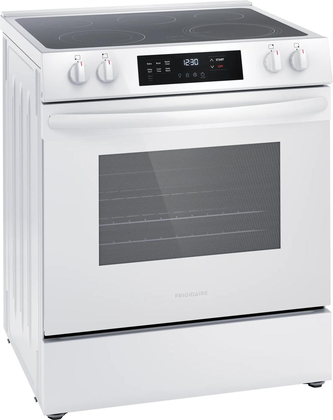 White front control electric range with glass cooktop, oven window, and digital display for modern kitchen appliances