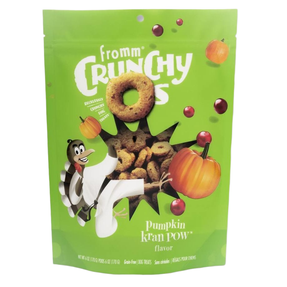 Green resealable bag of Fromm Crunchy O's dog treats with pumpkin and cranberry graphics in pet supplies collections