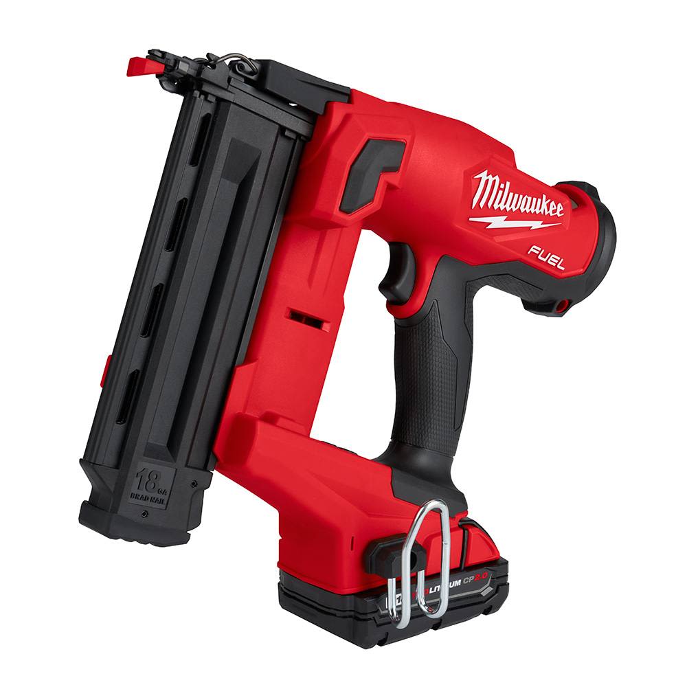 Cordless red and black 18 gauge brad nailer with ergonomic grip and battery compartment for tools and home improvement tasks