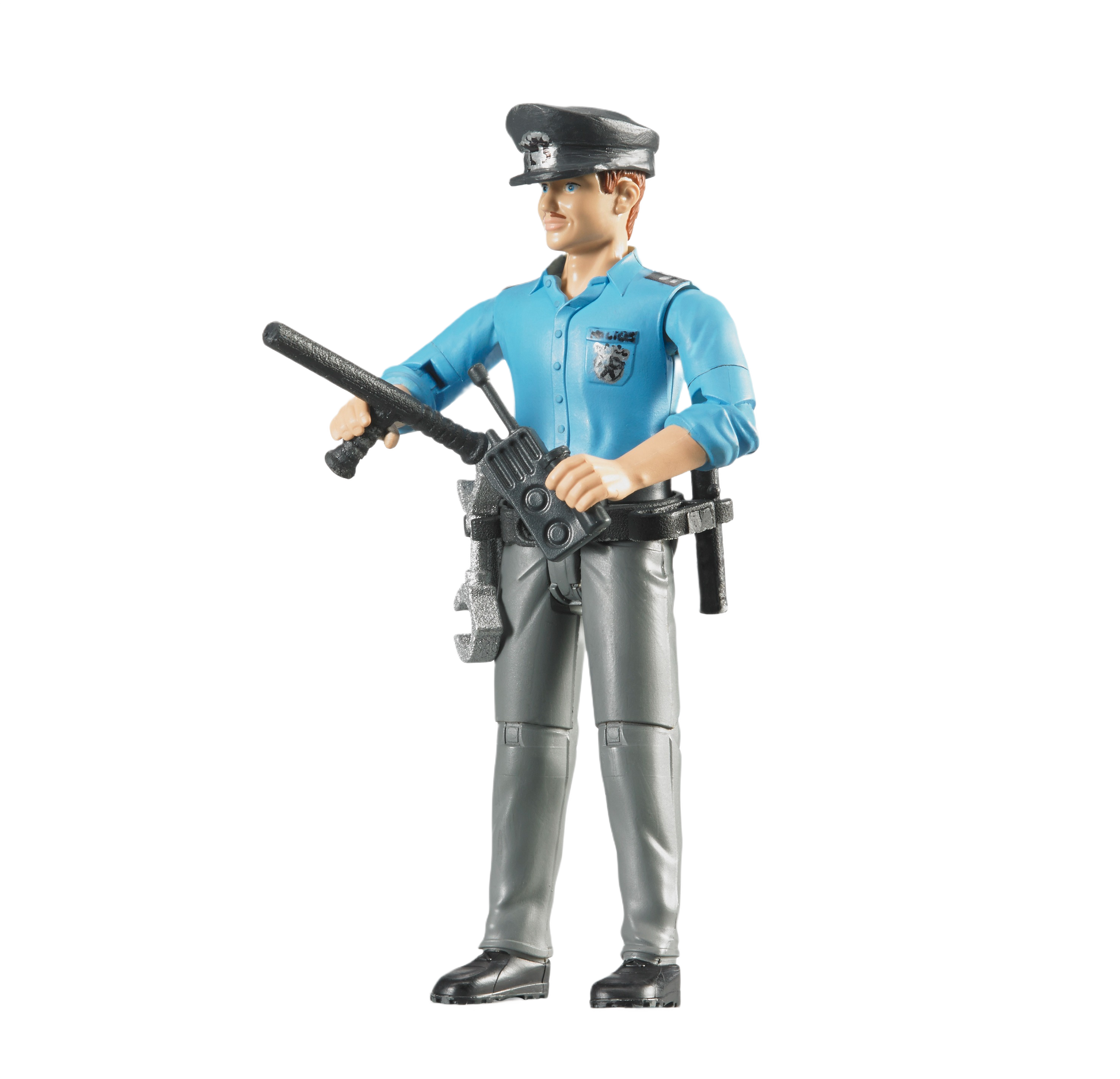 Light skin policeman action figure in blue shirt and gray pants holding baton with police belt accessories
