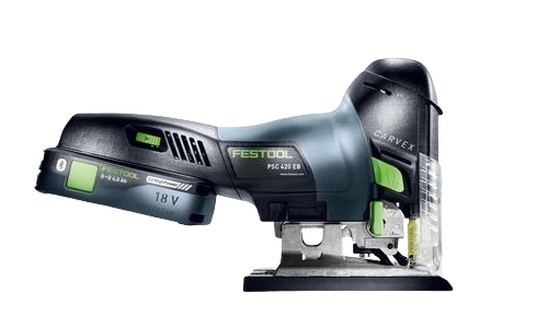 Festool cordless barrel grip jigsaw in black and green, part of battery powered electric power tools collection