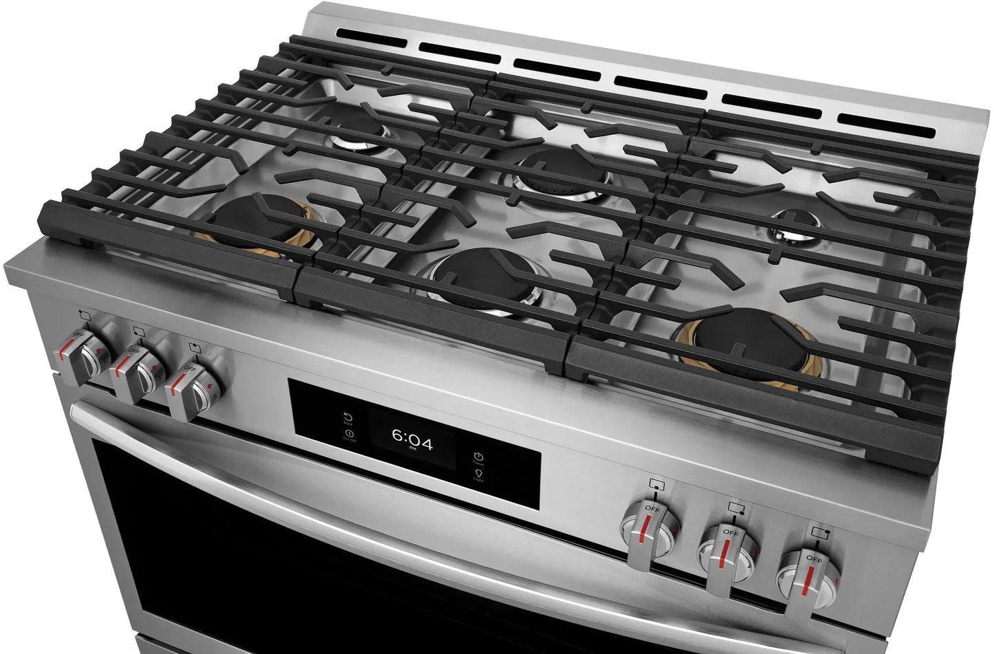 Stainless steel 36-inch gas range with six burners and digital display from ranges and kitchenware collection