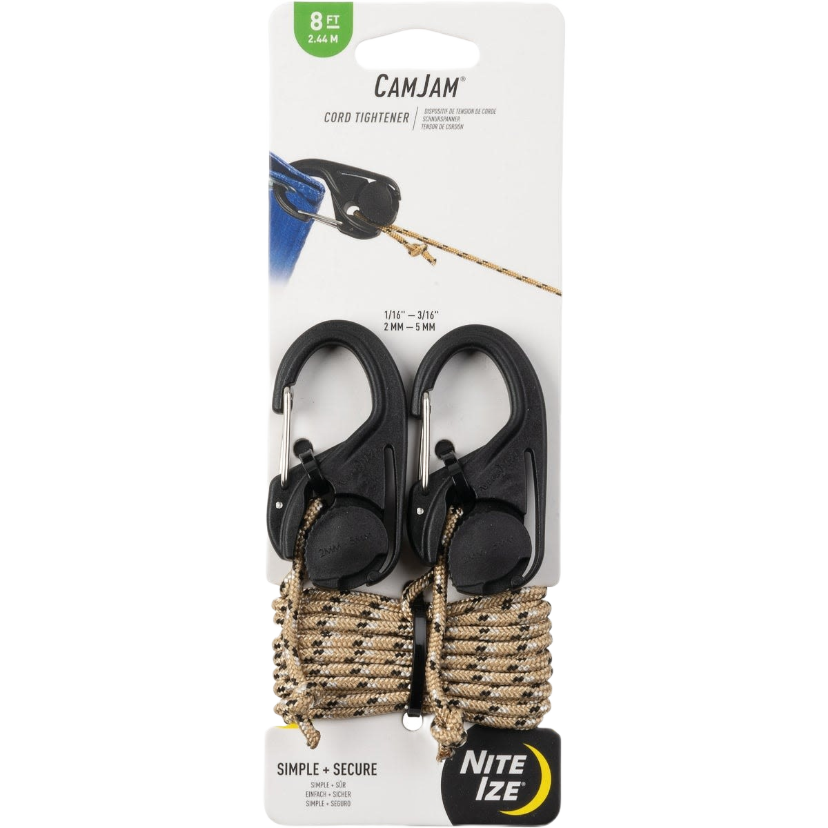 Black cam mechanism rope tighteners with carabiner clips and tan braided cords for hardware and home improvement use