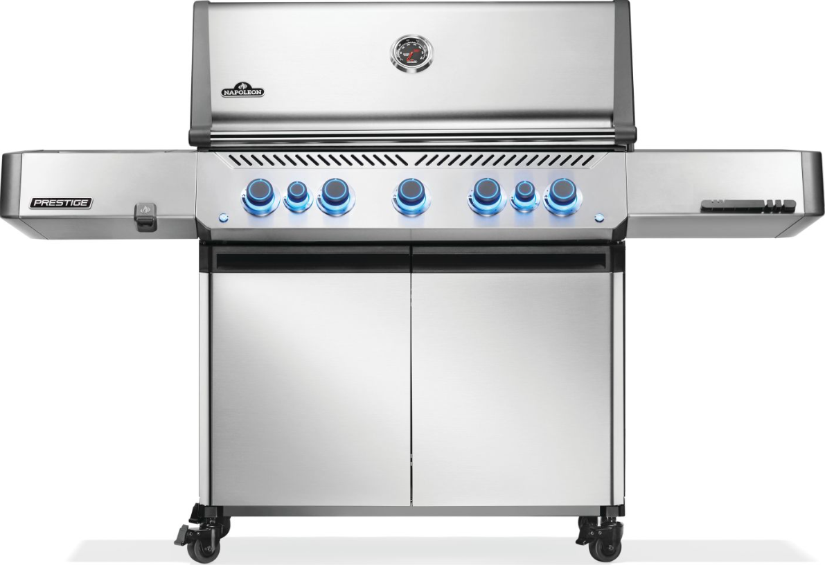 Front view of a stainless steel propane gas grill with six blue illuminated control knobs, side shelves, and double-door storage for outdoor cooking and grilling.