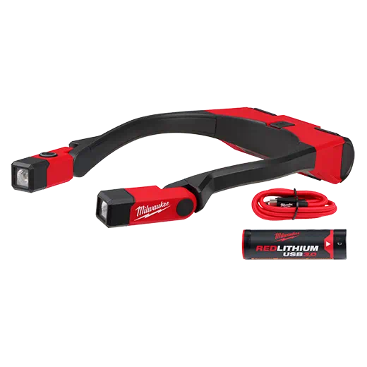 Red and black rechargeable neck light with USB cable and rechargeable battery for tools and home improvement tasks