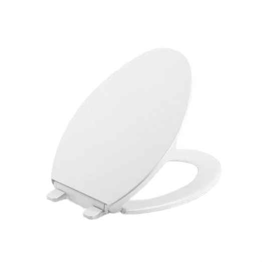 White elongated toilet seat with quick-release hinges for easy cleaning in bathroom and toilet seat collections under $50.