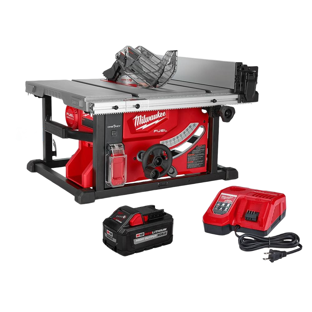 Red and black Milwaukee table saw with One-Key technology, battery, and charger for woodworking and power tool projects