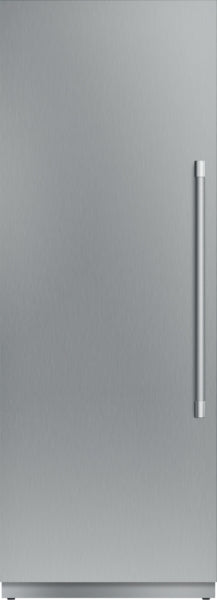 Tall panel-ready built-in freezer column with stainless steel finish and long vertical handle from Thermador appliances collection