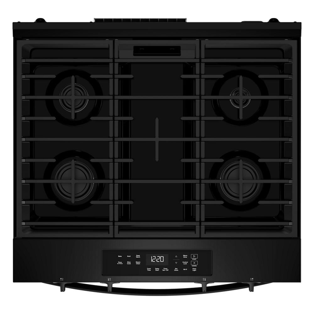 Top view of a black 30-inch gas range cooktop with four burners and digital control panel, ideal for kitchen and appliance collections including gas ranges and home improvement.