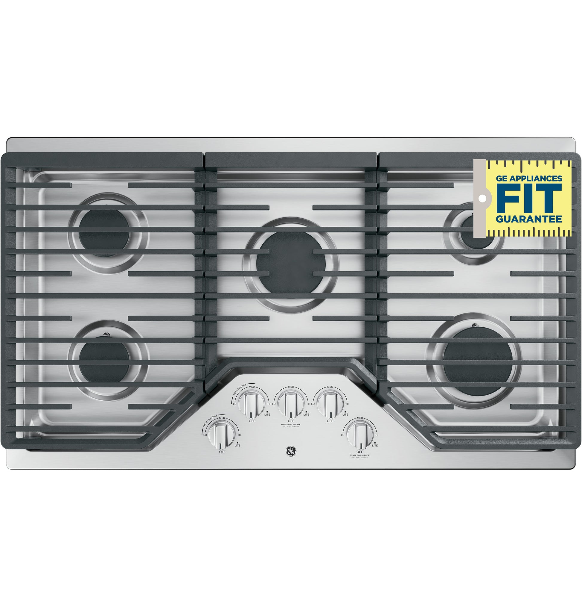 Top view of stainless steel 36-inch built-in gas cooktop with five burners and dishwasher safe grates in kitchenware collection