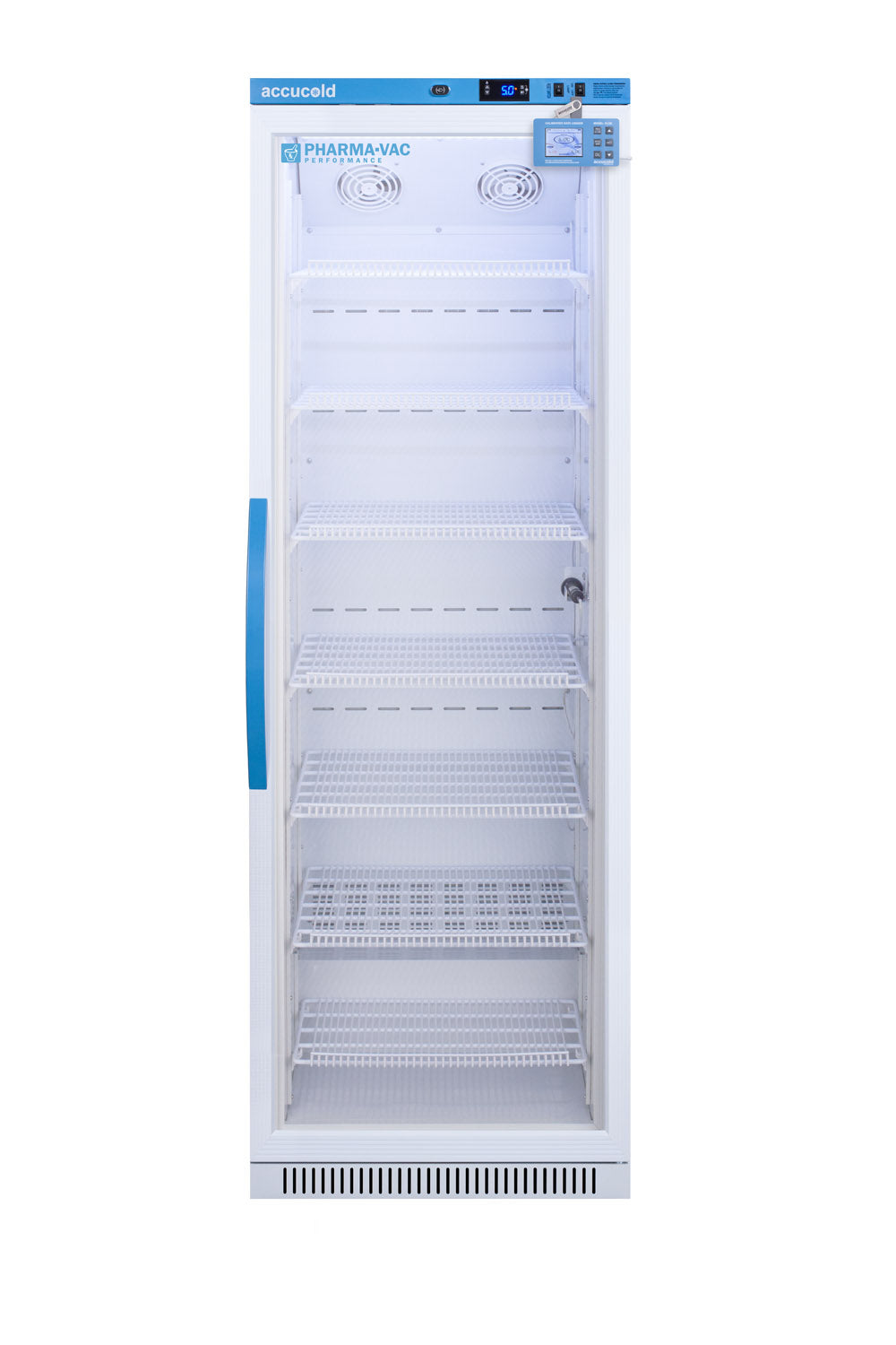 Upright vaccine refrigerator with adjustable wire shelves and digital temperature control for medical refrigeration appliances