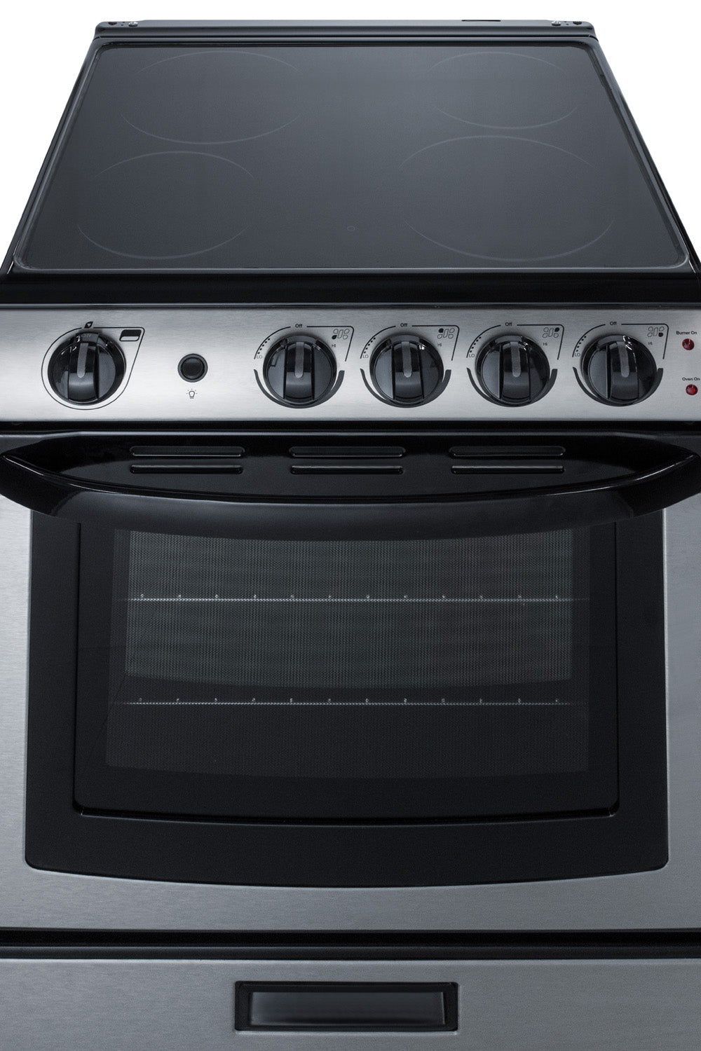 Electric smooth-top range with stainless steel control panel, five control knobs, and large oven window for kitchen appliances.
