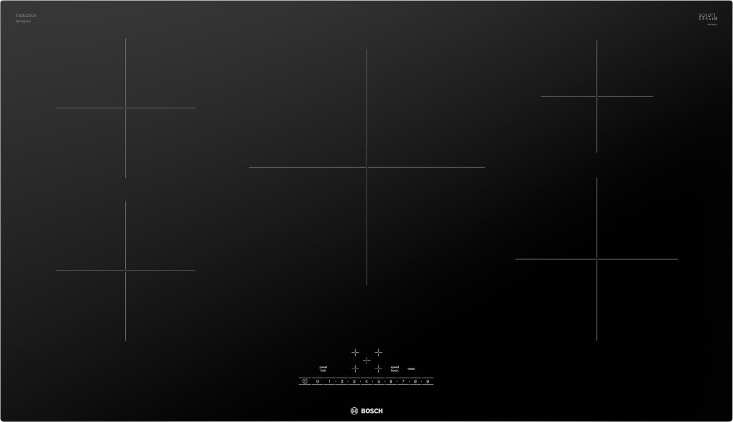 Bosch 36-inch black induction cooktop with five cooking zones and PreciseSelect touch controls from Cooktops collection