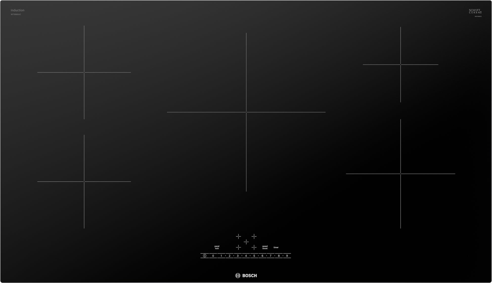 Bosch 36-inch black induction cooktop with five cooking zones and PreciseSelect touch controls from Cooktops collection
