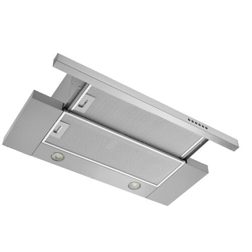 Stainless steel slide-out kitchen range hood with mesh filters, built-in lighting, and ventilation for home improvement use
