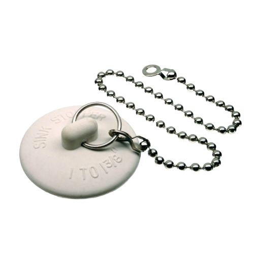 White rubber sink stopper with attached metal ball chain for plumbing repairs and home improvement tasks