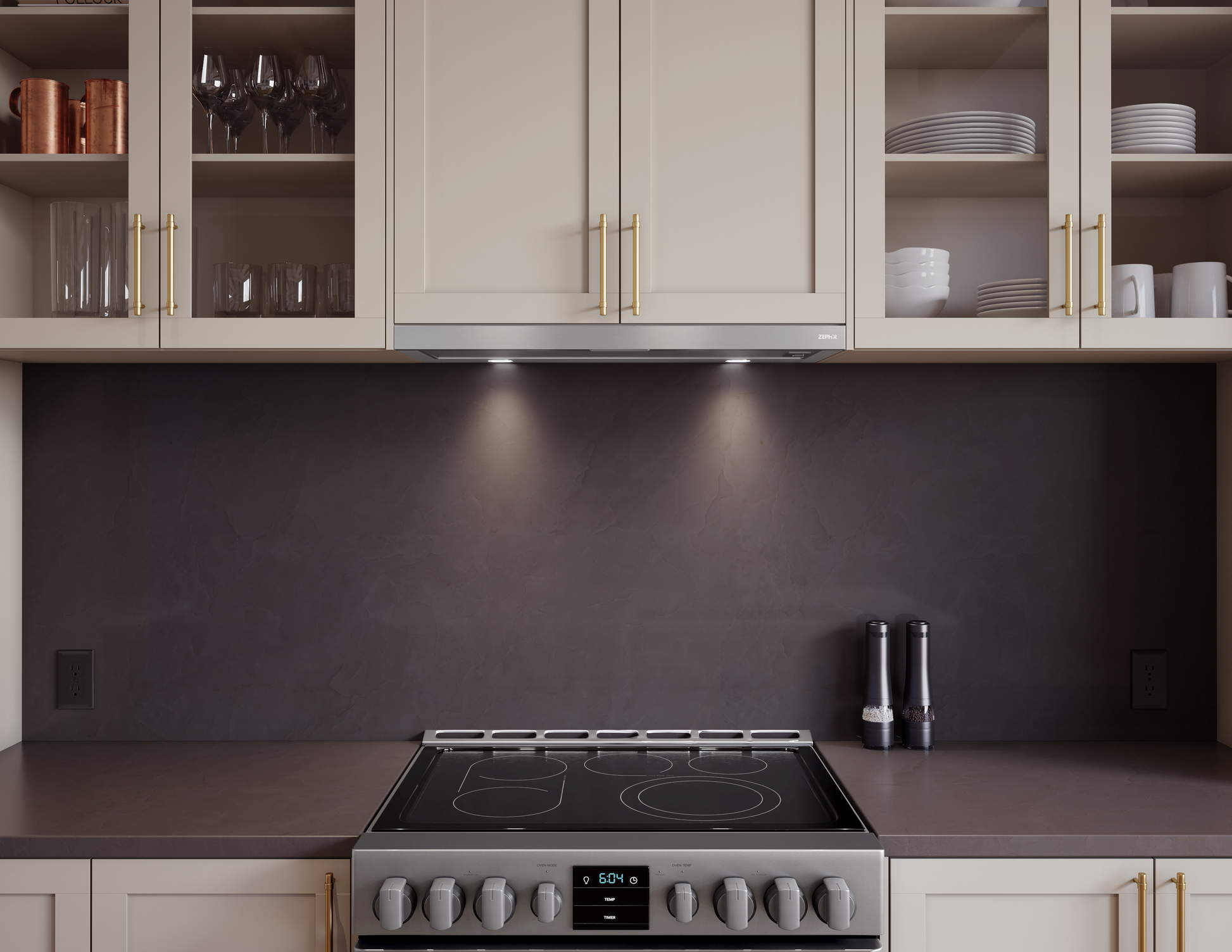 Stainless steel under cabinet range hood with LED lighting, retractable visor, and modern kitchen appliances collection