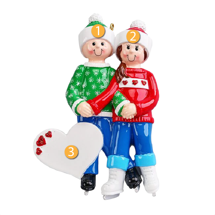 Festive skating couple ornament with personalized heart for Christmas tree under $50 and Christmas collections
