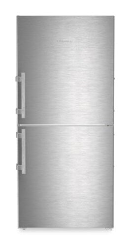 Freestanding stainless steel refrigerator/freezer with top refrigerator compartment and bottom freezer in kitchen appliances collection